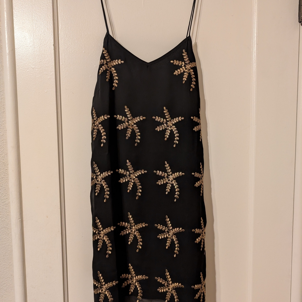 Black and Gold Slip Mini Dress with Spaghetti Straps for Cocktail
